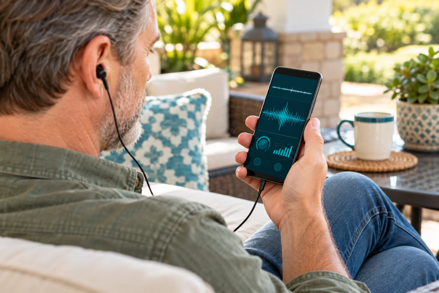 Illustrative Android phone operating scene with an adult wearing a headset
