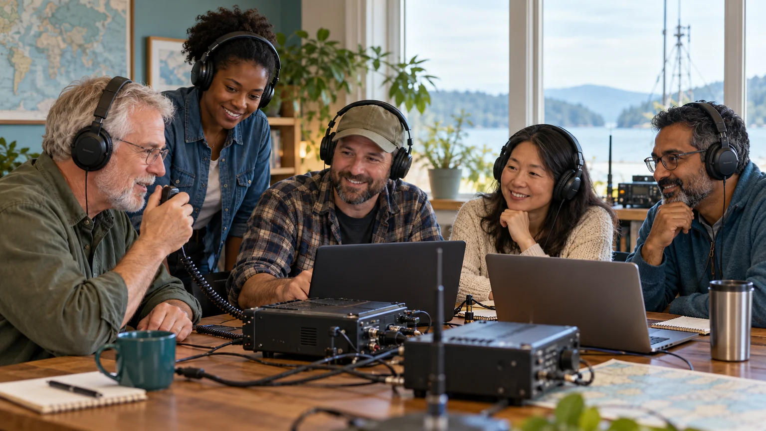 Illustrative diverse group of adult amateur radio enthusiasts