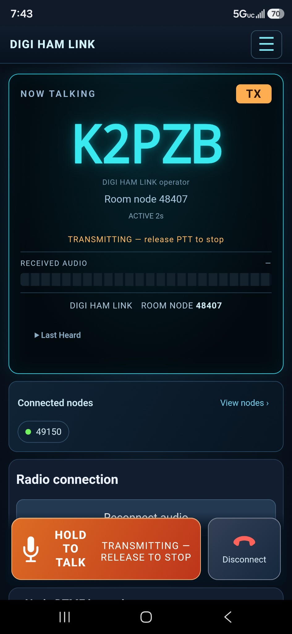 Actual DIGI HAM LINK Radio screen showing K2PZB transmitting on room node 48407, connected node 49150, and Hold to talk controls