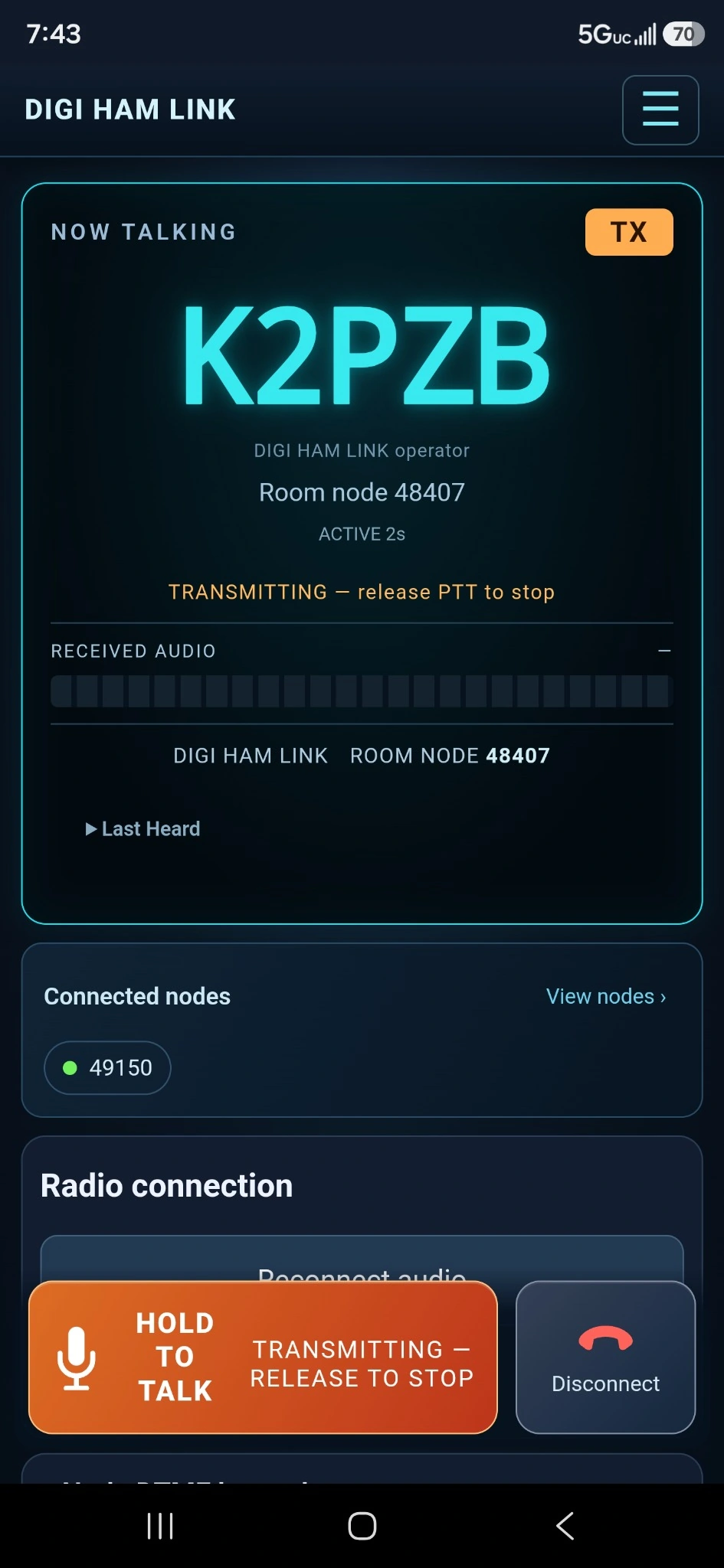 Actual DIGI HAM LINK Radio screen showing K2PZB and node 48407
